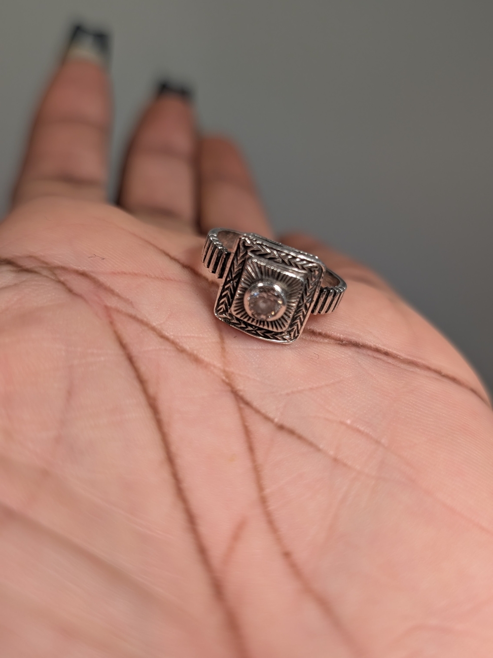 Vintage-Inspired Silver Square Ring with Clear Stone